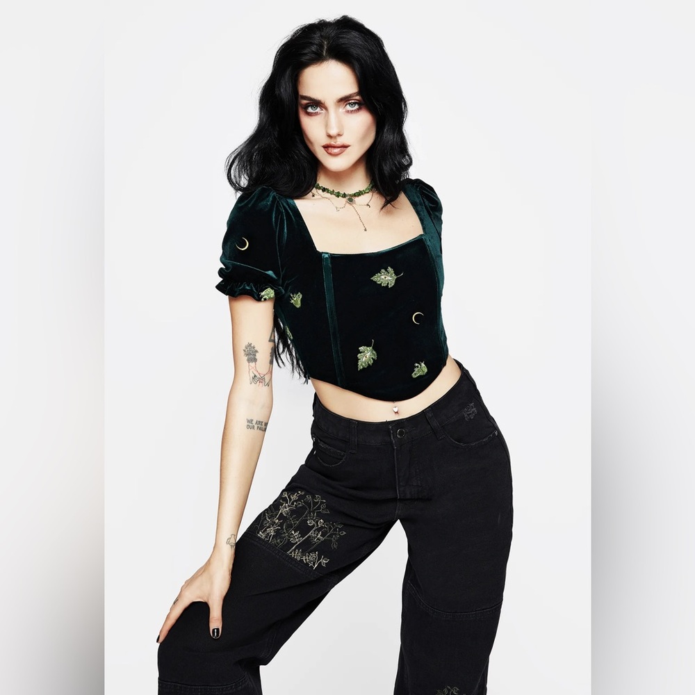 Disturbia Black Velvet Crop Top with Green Accents